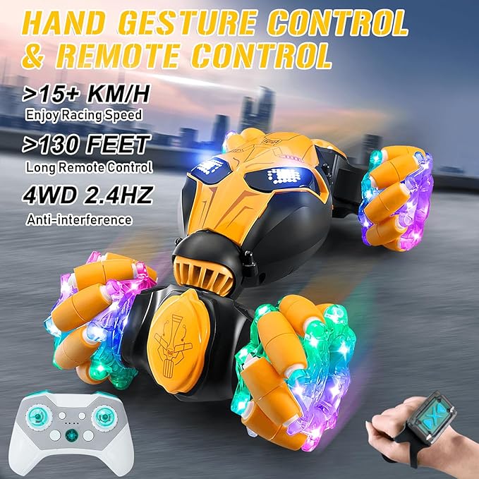 RC Cars Gesture Remote Control Car with Light Music 1:18 for Kids Age 6-12+ Hand Controlled Rc Car 2.4GHz 4WD Rc Stunt Car Gesture Sensing Double Sided Off Road Vehicle Toy Gifts(Yellow,2 Batteries)