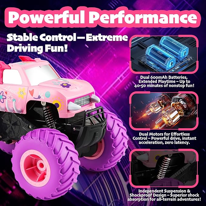Threeking 1:16 Waterproof Pink RC Monster Truck Toys Amphibious Remote Control Car Pickup 4WD All-Terrain Toy Gift for Girls Ages 6 7 8 9 10 11 12 Durable Off-Road Fun for Indoor & Outdoor Play