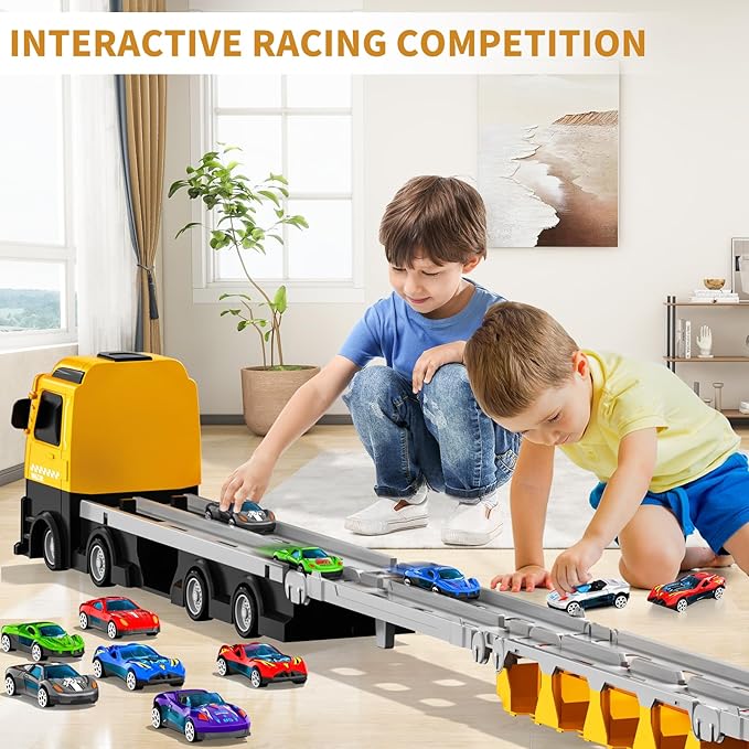 Racing Car Railway Truck Toy for Boys 2 3 4 5 6 7 Years Old - 78.7-inch Transport Carrier Trucks, Foldable Railway Storage, die-cast Car, for Toddlers and Kids Aged 3-5