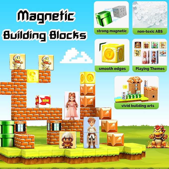 54 Pcs Magnetic Blocks-Building Blocks Games Elements,Magnetic Cubes Toys for Boys & Girls Ages 3-5 5-7 6-8,Creative Montessori Sensory Toys,Fun Birthday Gift for 3+ Years Old