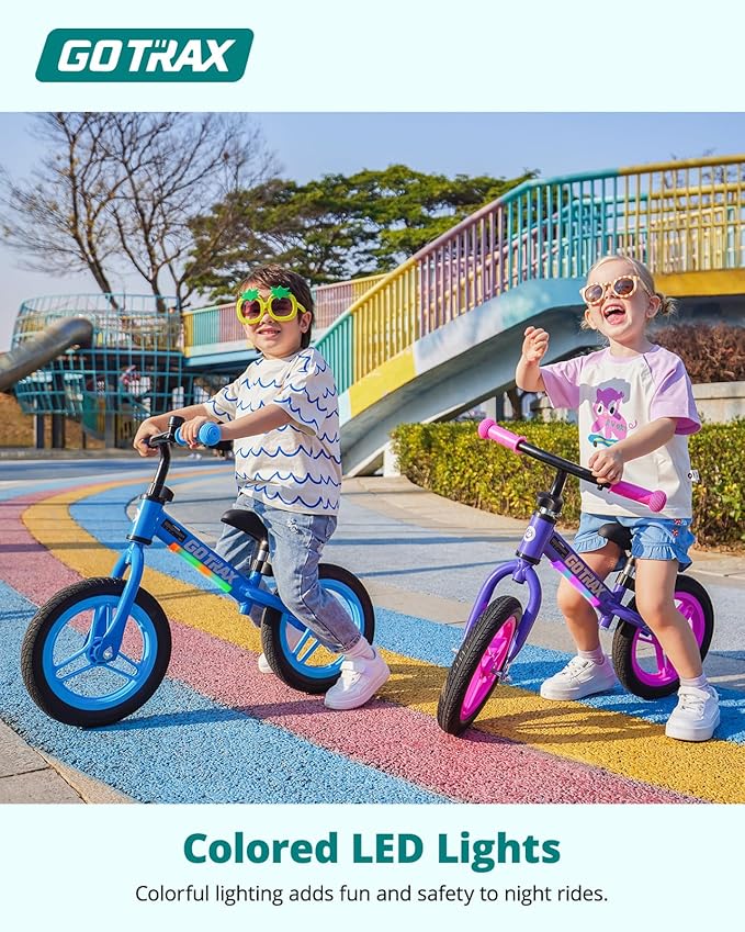 Gotrax KS12 Balance Bike for 2-5, 12" Toddlers Push Bike with LED Light, Adjustable Soft Seat & Handlebar, Flat-Free Tires & Easy Assembly Kids Bicycle, Lightweight & No Pedal, Gift for Boys Girls