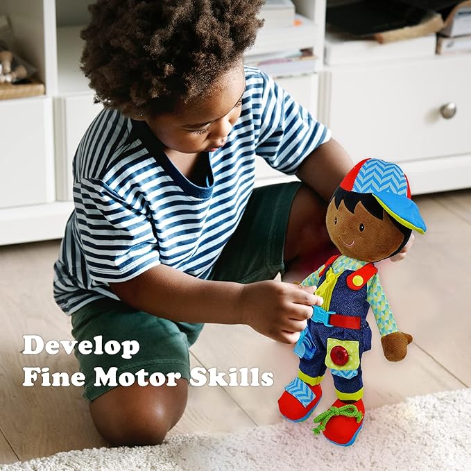 June Garden 15.5" Dressy Friends Lucas - Educational Stuffed Plush Doll for Kids and Toddlers 2 Years and Up - Montessori Buckle Soft Toy