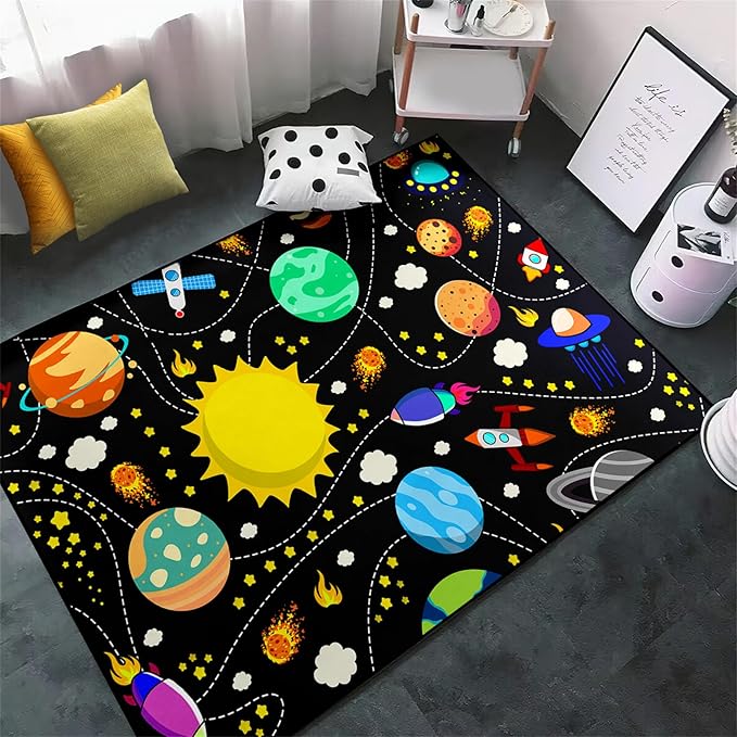 Outer Space Rug for Boys - Galaxy Carpet for Boys Room Cute Cartoon Universe Planet Area Rug Satellite Rockets Kids Baby Polyester Crystal Floor Mat Kids Play Carpet for Children Bedroom 3x4 ft