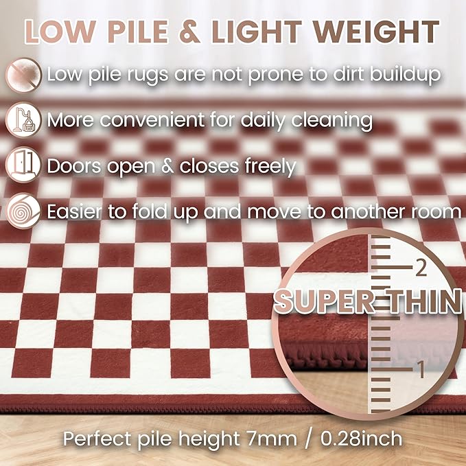 Washable 8x10 Checkered Area Rug for Living Room, Dark Red Checkerboard Modern Boho Large Rugs, Ultra Thin Low Pile Lightweight Indoor Carpet with Non-Slip Backing for Bedroom Kids Nursery Play Room