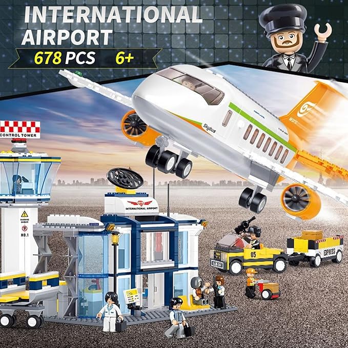 Airplane Building Set, City Airport Passenger Plane Toy for 6+ Year Old Boys and Girls, Compatible with Lego Plane, with an Airplane, Control Tower, Terminal, Baggage Cart, and 8 Minifigures
