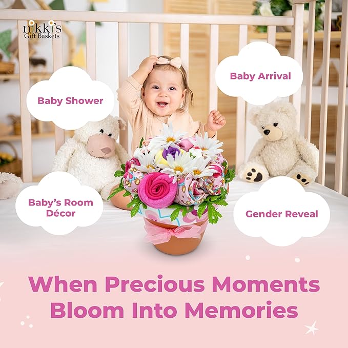 Deluxe Baby Blossom - Baby Girl Outfits | Newborn Baby Girl Gift Set | Baby Gift Basket for Expecting Moms | New Baby Gift Basket | Pink Baby Gift Set | Clothing Flower Bouquet | Nikki's Gift Baskets