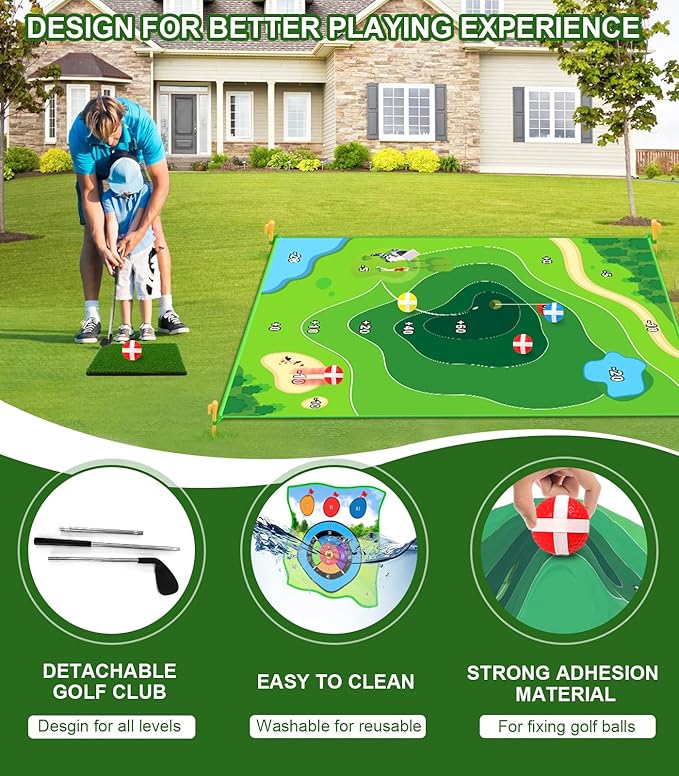 Golf Game: 70"x 70" Plus Size Double Sided Hitting Mat, Ideal Gifts for Kids Adults, 20 Sticky Balls & 10 Darts for Indoor or Backyard Battle Chipping