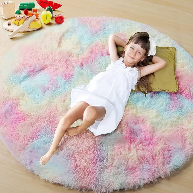 ONASAR Rainbow Round Area Rug 4ft, Soft Bedroom Circle Rugs Mats for Kids Girls Teen Room, Kawaii Fluffy Plush Shaggy Carpet for Baby Nursery Living Room Playroom Home Decor Princess Castle