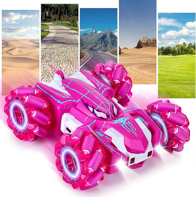 Remote Control Car for Boys 4-6,360° Rotating Double-Sided Rechargeable RC Stunt Cars with Cool Headlights,2.4Ghz 4WD Off-Road Racing Cars for Kids age 4 5 6 7 8 9 10 11 12 Chirstmas Gift (Pink)
