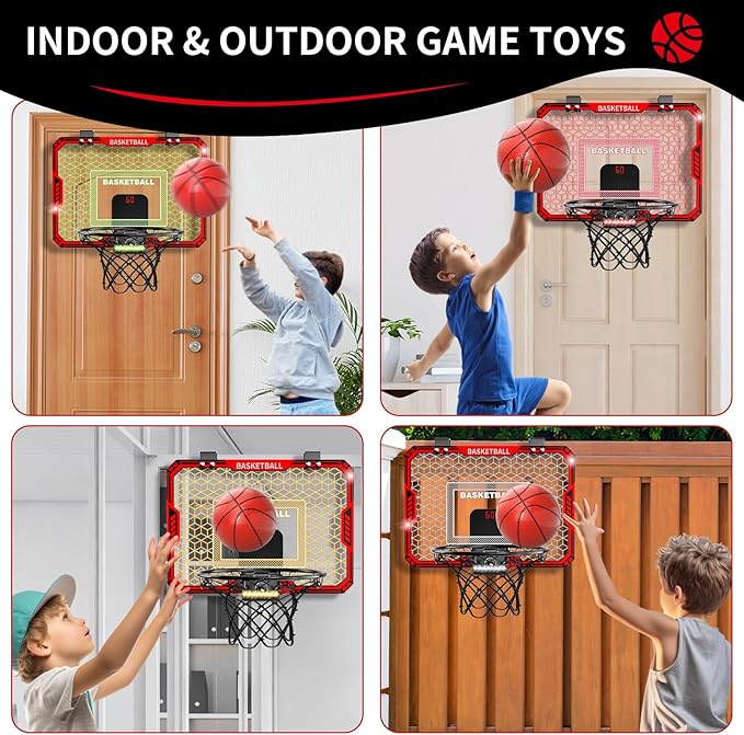Indoor Basketball Hoop for Kids Boys, Mini Basketball Hoop Indoor Sets Toys with RC 7-Color LED Light, 4 Balls & Scoreboard, Birthday Toys Gifts for 3 4 5 6 7 8 9 10 11 12+ Year Old Boys