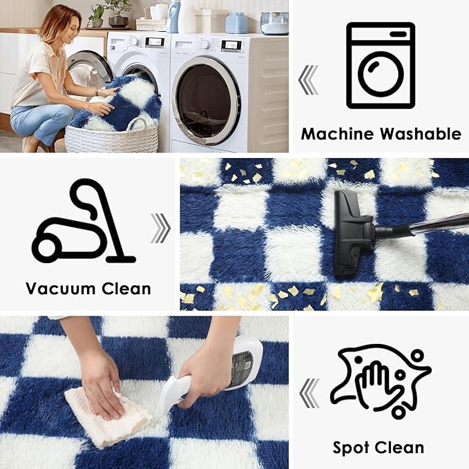 KICMOR Navy Blue and Cream White Rugs for Living Room, 4x6 Fluffy Fuzzy Shag Checkered Rug Shaggy Carpet for Bedroom, Soft Plush Area Rug for Nursery Toddler Room Classroom Study Room Kids Room