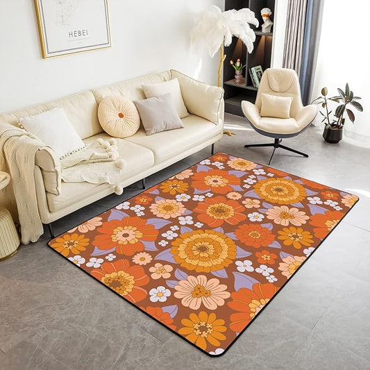 Erosebridal 70S Groovy Flowers Boho Area Rug 4x5 Hippie Vintage Floral Decorative Rug Retro Sunflowers Dahlias Carpet for Girls Teen Women,Psychedelic Aesthetic Colorful Washable Rug