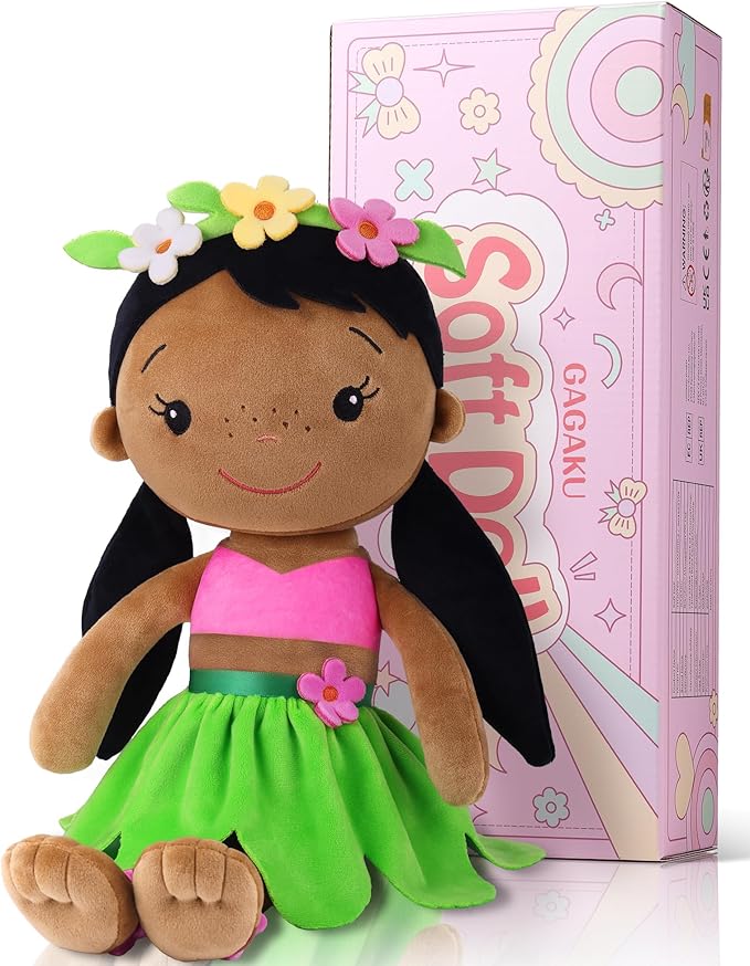 Soft Baby Doll Toys (16'') for Girls, My First Baby Rag Dolls for 1 Year Old Girl Birthday Gift Plush Doll Toys Machine Washable Baby Doll for Toddler Kids Infants - Black Baby Girl