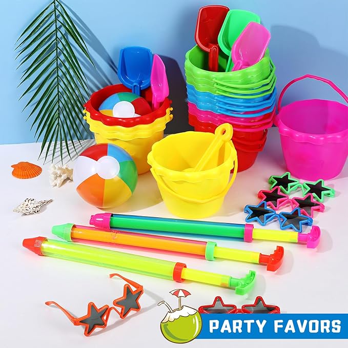 Tanlade 75 Pcs End of Year Students Gift Kids Beach Pool Party Favors Sand Buckets Shovels Neon Sunglasses Inflatable Beach Balls Water Guns Set for Outdoor Summer Swimming Pool Party Game