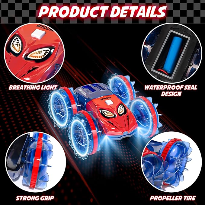 Amphibious RC Monster Truck - 2.4GHz 4WD 360Rotating All Terrain Waterproof RC Car Boat for 8-12 Year Old Boys