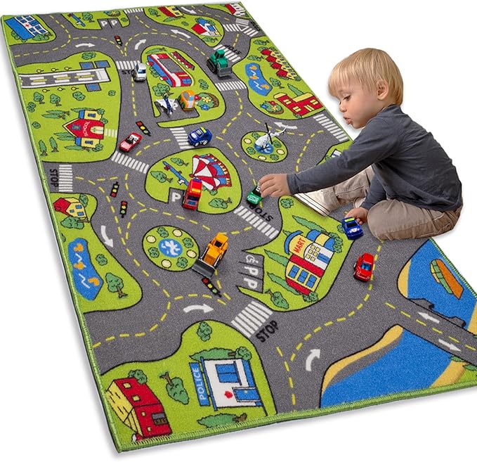 Large Kids Carpet Playmat Rug 52 x 32 with Non-Slip Backing, City Life Play Mat for Playing with Car Toy, Game Area for Baby Toddler Kid Child Educational Learn Road Traffic in Bedroom, Classroom