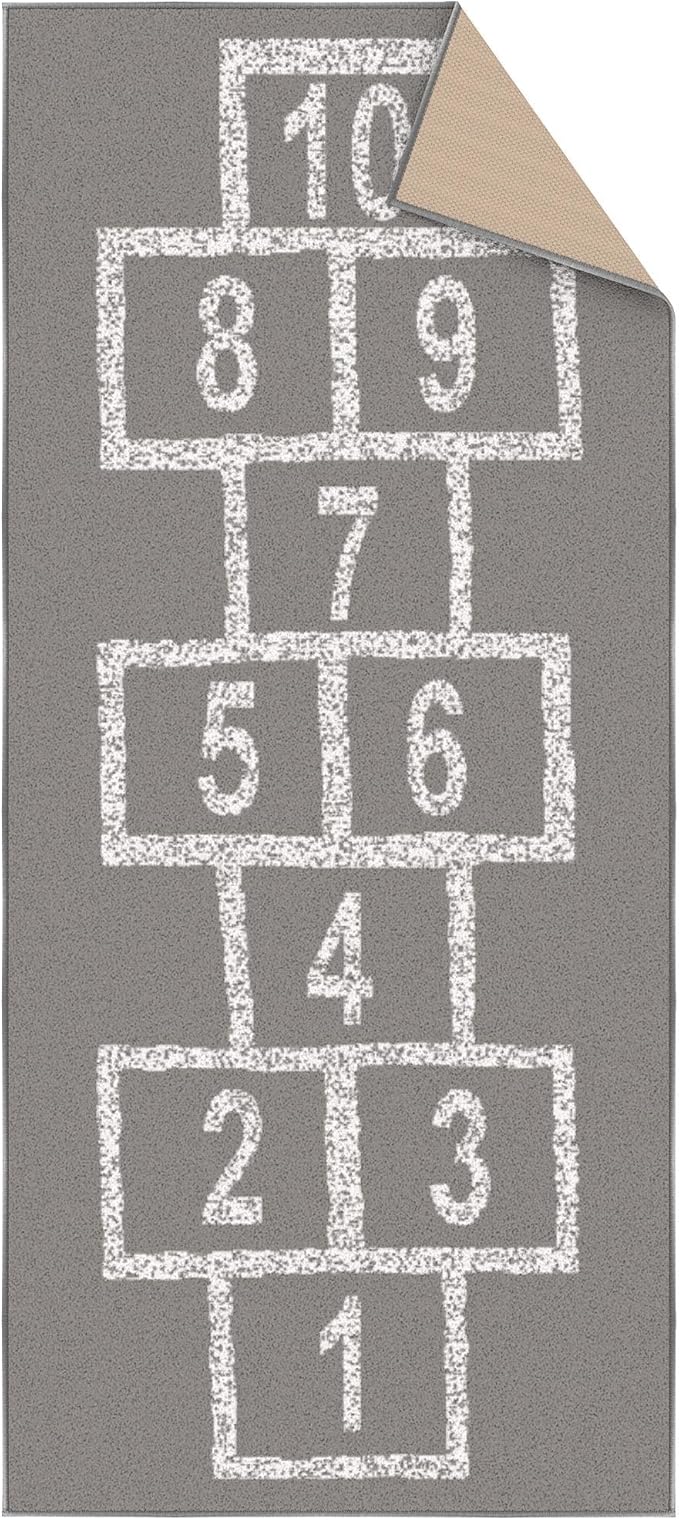 Ottomanson 2'7" x 6' Hopscotch Kids Rug - Play Mat for Playroom, Bedroom, Daycare & Classroom - Fun & Interactive Game Carpet - Durable and Non-Slip - Perfect for Learning & High-Traffic Areas, Gray
