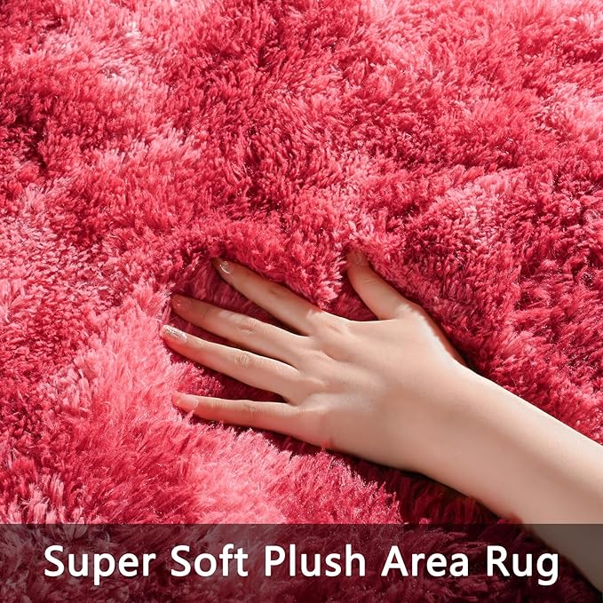Pettop Fluffy Shag Area Rug, 4x6 Tie-Dyed Plush Fuzzy Rugs for Living Room, Ultra Soft Shaggy Rugs for Bedroom, Non-Slip and Washable Indoor Carpet for Girls Kids Room Home Decor, Burgundy Red