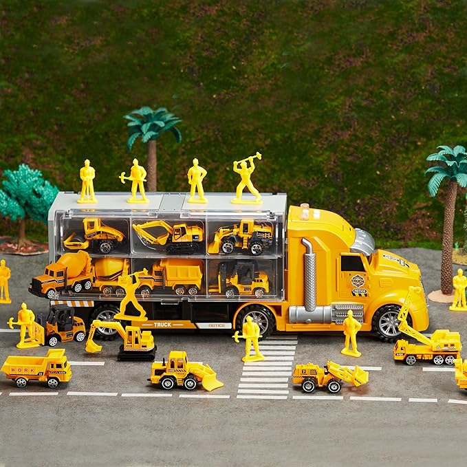 JOYIN 25 in 1 Die-cast Construction Play Vehicle Set, Vehicles with Sounds and Lights in Carrier Truck, Push and Go Car Toy, Kids Birthday Gifts for Over 3 Years Old Boys