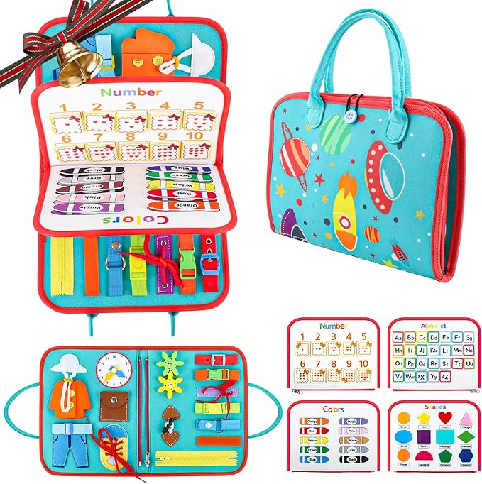 Busy Board Montessori Toys for 1 2 3 4 Year Old Boy & Girl Birthday Gifts, Busy Book for Toddlers 1-3, Sensory Educational Travel Toys, Preschool Activities for Learning Fine Motor Skills