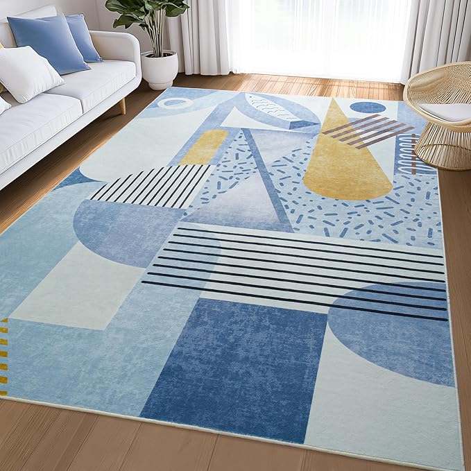 Tepook Blue Area Rug for Living Room, 5x7 Indoor Carpet for Bedroom Washable, Non-Slip Abstract Print Kids Rug for Nursery Playroom Classroom Dorm Office Dining Room