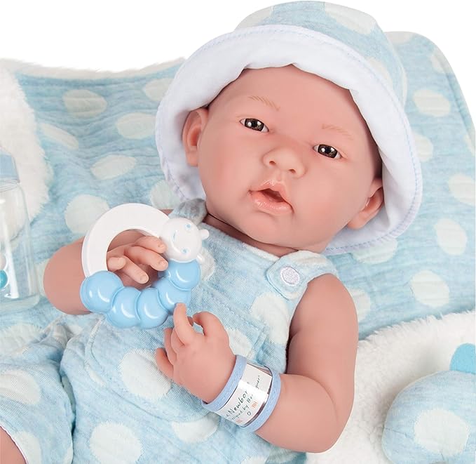 JC Toys La Newborn All-Vinyl-Anatomically Correct Real Boy 15" Baby Doll in Blue and Deluxe Accessories, Designed by Berenguer., Blue - Dots, Model:18064