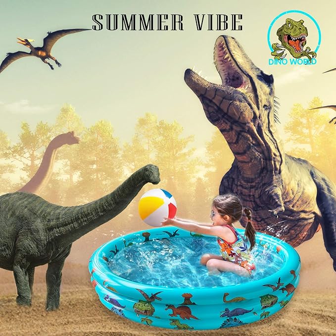 Dinosaur Inflatable Baby Pool - Small Toddler Blow Up 3 Rings Round Pad Pool, Outdoor/Indoor Play Center with Ball Pit & Toys - 48'x12'