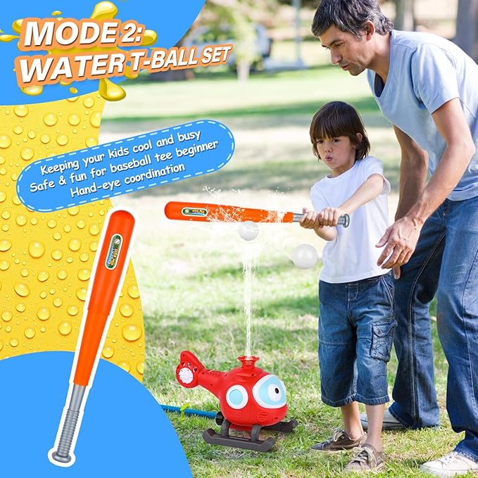 2 in 1 Outdoor Water Toys, Sprinkler for Kids Helicopter Tee Ball Set Kids Water Toys, Toddler Summer Toys Backyard Games for Kids Ages 3-12, Baseball Gifts Outside Toys for Toddlers Boys, Girls