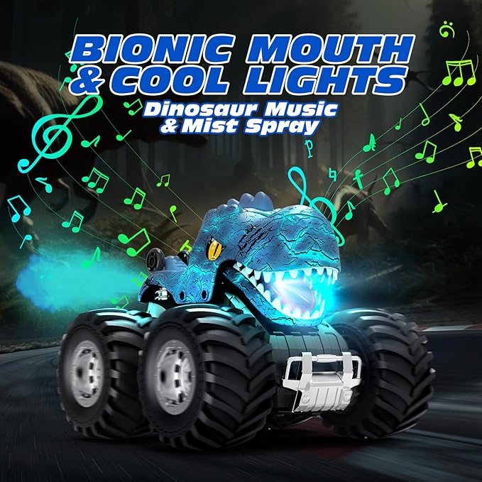 Tecnock Remote Control Monster Trucks Car, 360° Rotating RC Cars for Boys, 2.4GHz Dinosaur Toys with Spray, Light & Sound, Toys for Kids 6 7 8 Year Olds, Gift for Boys and Girls