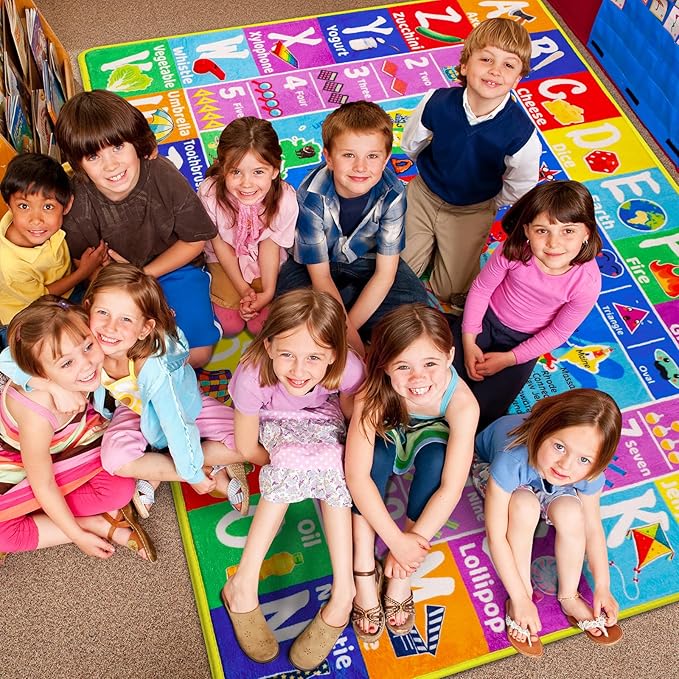 USA Map ABC Kid Rug for Playroom 78.7"×59" Classroom Play Rug Educational Baby Playmat Alphabet Rug State Symbols, ABC Letters, Numbers, Seasons&Shapes Fluffy Ployester Non-Slip Preschool Nursery Rug