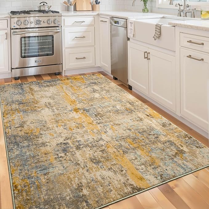 Area Rug 4x6 Beige Rug Washable Boho Rugs Non Slip Low Pile Abstract Small Carpet for Entryway, Bedroom, Kitchen, Classroom, Kids Room, Office, Dorm, Dining Room Light Tan