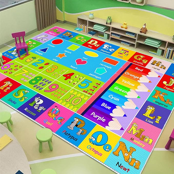 Kids Alphabet Play Game Rug - 6'x9' ABC Numbers and Shapes Educational Learning Toddler Carpet - Kids Room Playroom Classroom Kindergarten Activity Fun Soft Non-Slip Mat
