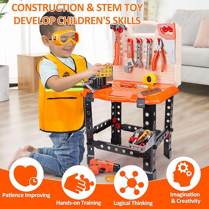 Toddler Tools Workbench Pretend Play Toys for Kids 3 4 5+Year Old with Realistic Electric Drill Boys Girls Age 2-4 Tool Set Learning Educational Construction Toy Power Work Bench Gifts for Kid 1-3 4-8