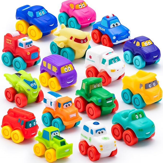 JOYIN Cartoon Cars, Soft Rubber Toy Car Set, Mini Vehicles, Bath Toy Car for Toddlers, Gift for Boys and Girls Easter Basket Stuffers, Summer Beach and Pool Activity, Party Favors for Kids