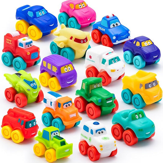 JOYIN Cartoon Cars, Soft Rubber Toy Car Set, Mini Vehicles, Bath Toy Car for Toddlers, Gift for Boys and Girls Easter Basket Stuffers, Summer Beach and Pool Activity, Party Favors for Kids