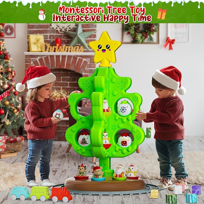 Montessori Inspired Christmas Activity Tree for Toddlers 1.5-3 Years - Sensory Toy with Roly Poly & DIY Train Track, Kids Interactive Holiday Tree Toy Set, Educational for Boys and Girls