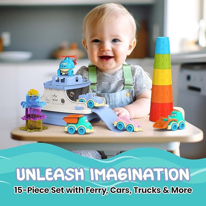 Ferry Boat Bath Toys Set for Kids 15 Pcs | Includes Ferry, Cars, Trucks, Helicopter, Stacking Cups & Toy Animals for Baby Boys & Girls | Water Bathtub Indoor Games for Toddlers | Kids Ages 1+