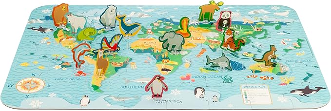 Stephen Joseph, World Map Puzzle Animal Biomes with 3D Animal Pieces – Includes 16 Play Pieces with Fun Facts and Stands, Includes 8.5 x 11 Poster, Jigsaw Puzzle for Girls & Boys 3+ Years