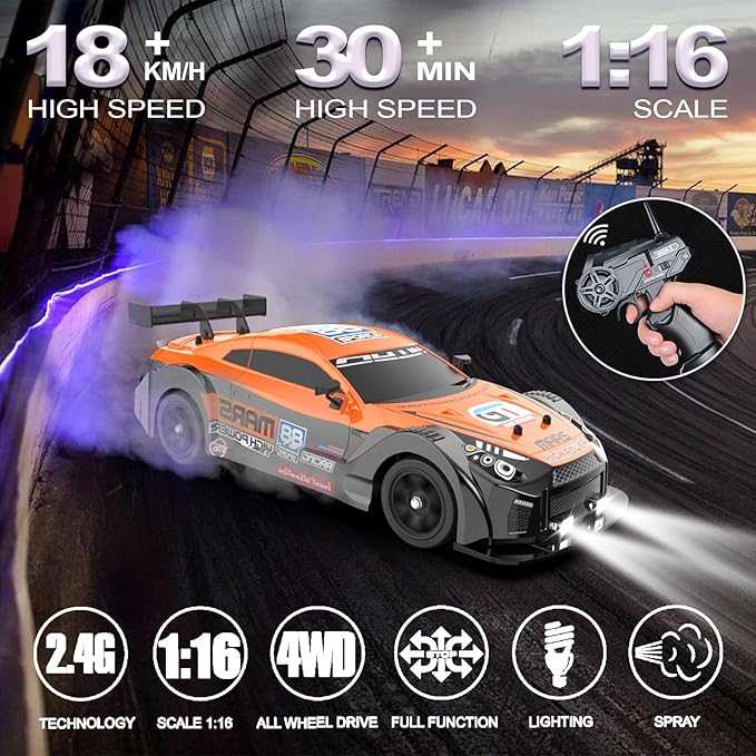 Remote Control Car RC Drift Car 1/16 Scale 4WD with LED Lights 2.4ghz 18km/H Rechargeable High Speed Drift Racing Sport Toy for Adults Boys Girls Kids Gift 2pcs Batteries and Extra Tires