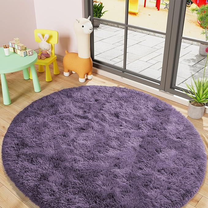 LOCHAS Luxury Round Fluffy Area Rugs for Bedroom Kids Girls Room Nursery, Super Soft Circle Rug, Cute Shaggy Carpet for Children Living Room, 5x5 Feet Grey Purple