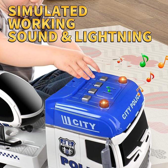 Dwi Dowellin Toddler Boy Toys for 3 4 5 6 Year Old, 25" Semi Truck Toy with Racing Car and Helicopter - Police Toys,Birthday Gifts for Kids Child 2 3 4 5 6 Years Old