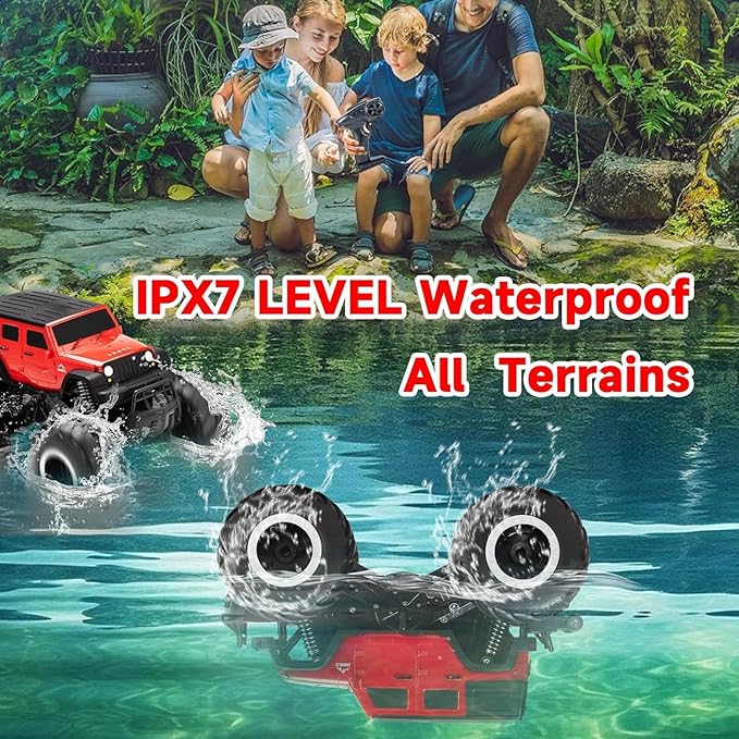 Carox Remote Control Amphibious Car Toys for Boys 360°Spin Off-Road RC Truck for All Terrain - 1:16 IPX7 Waterproof RC Monster Truck Pool Toys Birthday Gifts for Kids