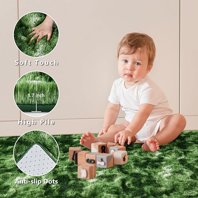 Nuttumico Large Fluffy Area Rug, 6x9 Feet Modern Indoor Carpets for Living Room Bedroom, Plush High Pile Tie-Dyed Dark Green Rug for Girls Kids Playroom Classroom Nursery Home Decor