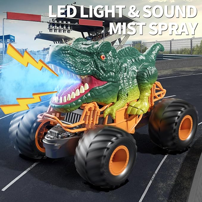 Bennol Remote Control Dinosaur Car Toys for Kids Boys 3-5 4-7, 2.4GHz RC Dino Car Toys with Light, Sound & Spray, Indoor Outdoor All Terrain Electric RC Truck Gifts for 3 4 5 8 10 12 Boys Kids