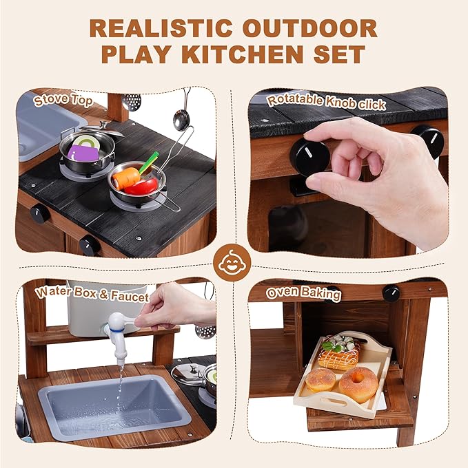 ROBUD Mud Kitchen for Kids Outdoor with Wheels, Wooden Outdoor Play Kitchen, Kids Mud Kitchen with Removable Sink & Faucet, Monteeori Toys for Children Ages 3+ Years, WG403