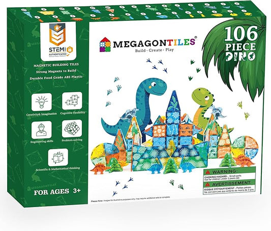 106 PCS Dinosaur Magnetic Tiles Set,Magnet Building Blocks Dino World Toys,TEM AUTHENTICATED,Magnet Tiles Animals for Toddlers Boys Girls Kids Age 3 4 5 6 7 8