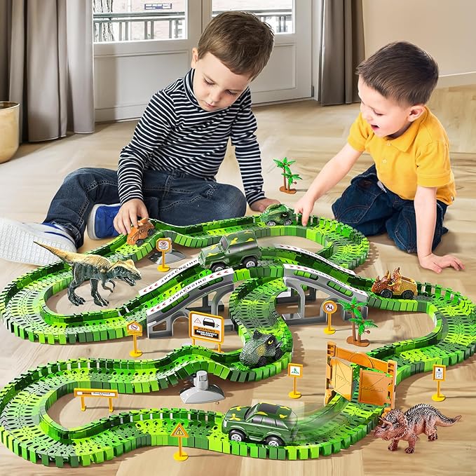 144 Pieces Dinosaur Toys Car Race Tracks Sets for Kids 3 4 5 6 7 8 Years Old - Flexible Tracks Playset with Kids Dinosaur, Electronic Toy Cars for Boys, Birthday Gifts for Toys Toddlers 3-5