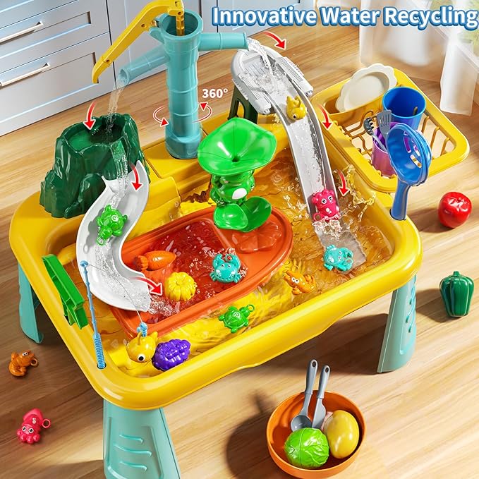 Water Table Play Sink Toy for Kids 3 4 5 6 Years Old - Outdoor Kitchen with Running Water, Fishing Games, Toddler Water Play Table for Kids Ages 3-8, Beach Outdoor Toys, Summer Gifts