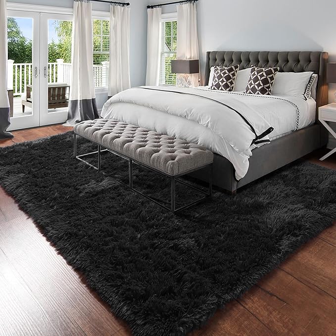 Black Rug 8x10 for Living Room Bedroom, Large Big Fluffy Modern Area Rugs for Kids Room Decor Aesthetic, Shaggy Furry Floor Carpet for Dorm Office Playroom Nursery Classroom, Baby Teen Boys Mens Rug