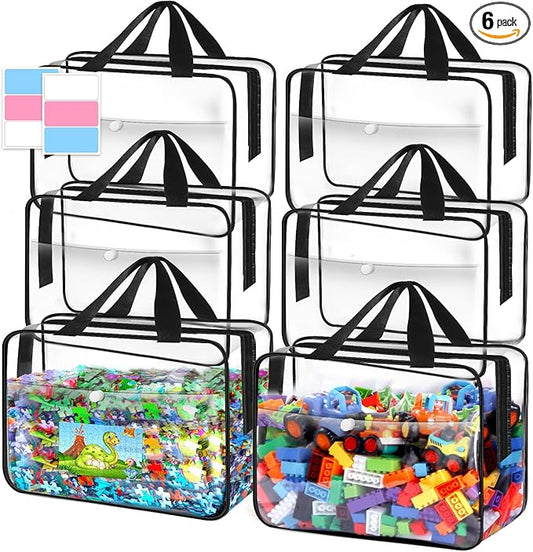 Toy Storage Bags 6 Packs, Kids Toy Storage Organizer with Zipper and Labels, PVC Clear Bags for Board Games, Books, Puzzles, Building Blocks(Large, Black)
